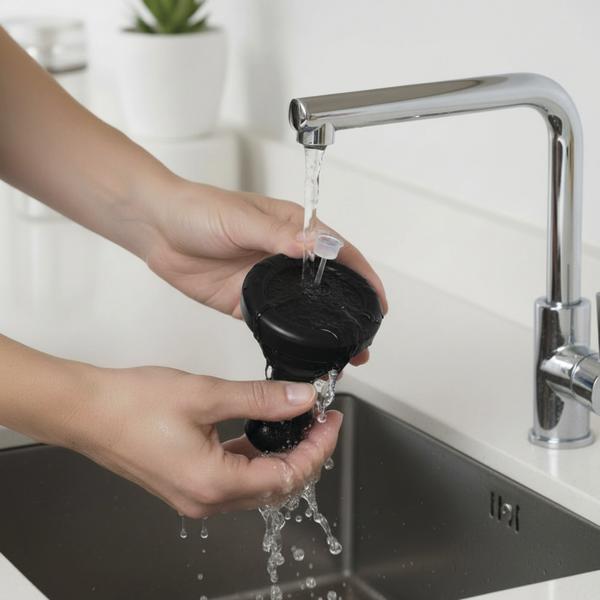 Hände spülen eine große schwarze Schachfigur unter fließendem Wasser am Waschbecken.