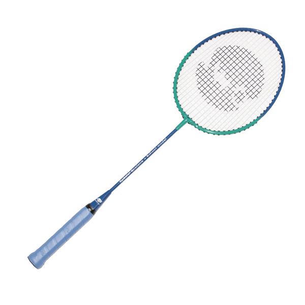 Badmintonschläger mit blauem Griff und grün-blauem Rahmen auf weißem Hintergrund.