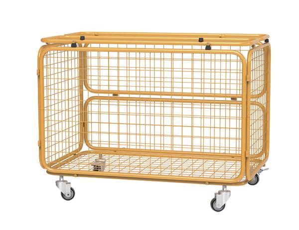 Orangefarbener Metallgitter-Wäschewagen auf Rollen für einfache Mobilität.