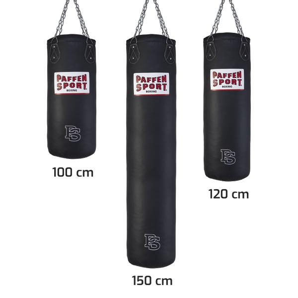 Schwarzer Boxsack Paffen Sport 100 cm mit Kettenaufhängung.