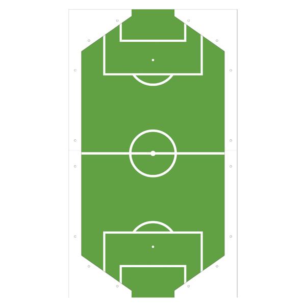 Grünes Tischkicker-Spielfeld mit weißen Linien und Torbereichen in Draufsicht.