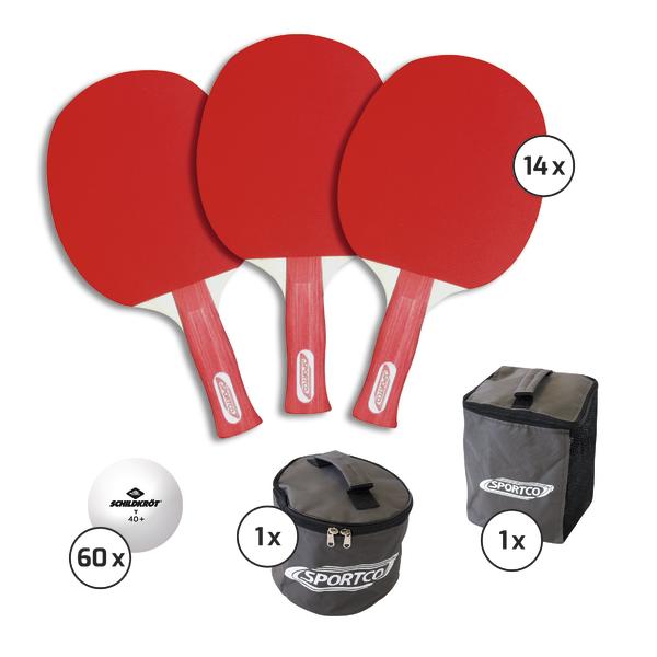 3 rote Tischtennisschläger, 60 weiße Bälle, 1 Balltasche und 1 Tragetasche im Set.