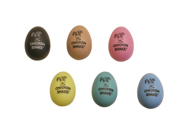 Bunte Chicken Shake Eier mit Hühner-Logo, ideal für Musik und Rhythmusübungen.