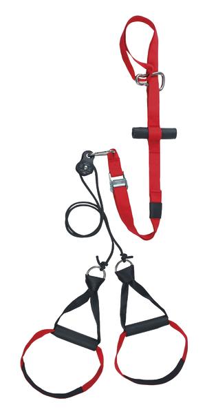 Rotes Suspension Trainer Fitnessband mit Griffen für Ganzkörper-Workout und Krafttraining.