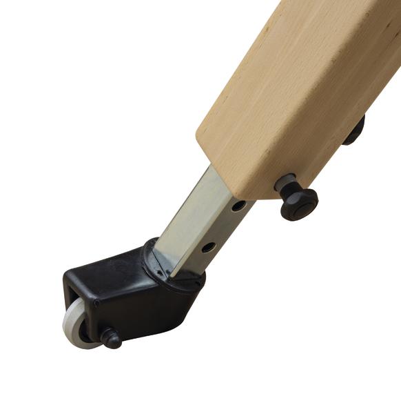 Verstellbares Tischbein aus Holz mit Metallkern und schwarzem Rollenfuß für Mobilität.