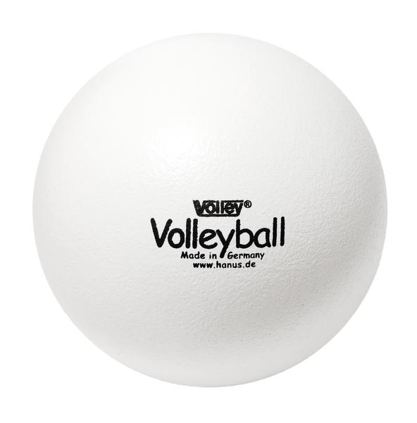 Weißer Volleyball mit schwarzer Aufschrift "Volleyball Made in Germany" auf weißem Hintergrund.