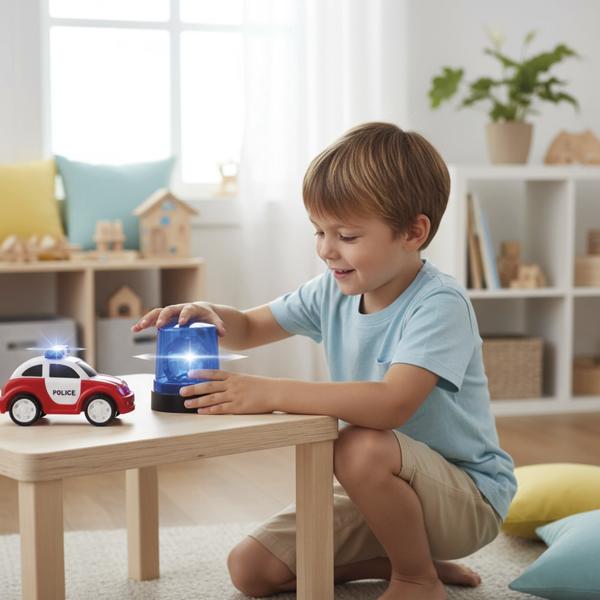 Kind spielt mit einer blauen Rundumleuchte und einem Spielzeug-Polizeiauto auf einem Tisch.