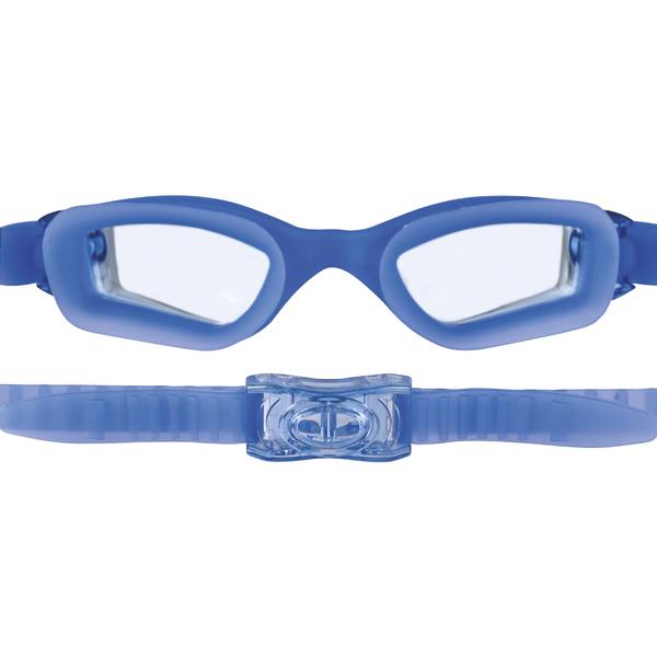 Blaue Schwimmbrille mit verstellbarem Silikonband und klaren Gläsern für Wassersport.