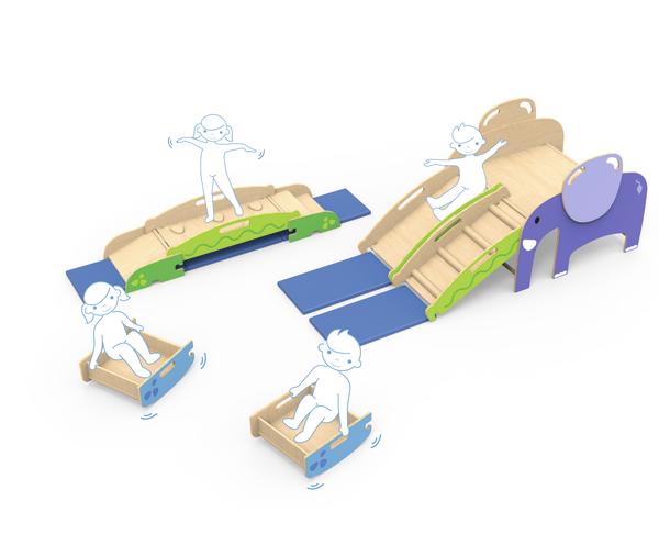 Kinder-Spielplatz mit Rutsche, Wippe und Kletterelementen in bunten Farben.