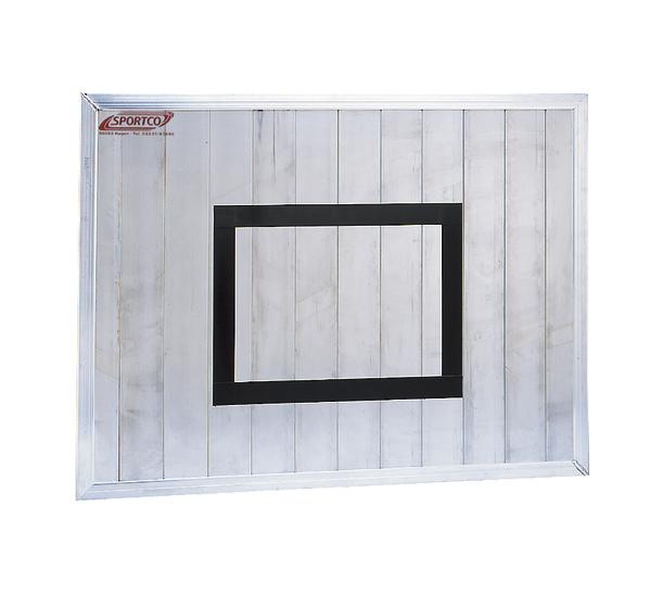 Transparentes Basketball-Backboard mit schwarzem Rechteck und Sportco-Logo.