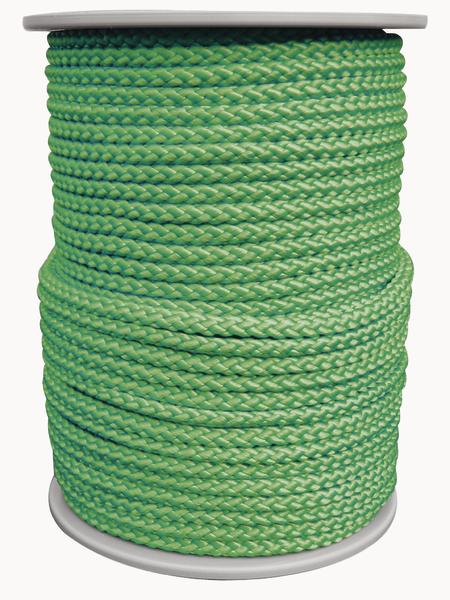 Grünes, geflochtenes Seil auf weißer Spule, ideal für Outdoor- und Kletteranwendungen.