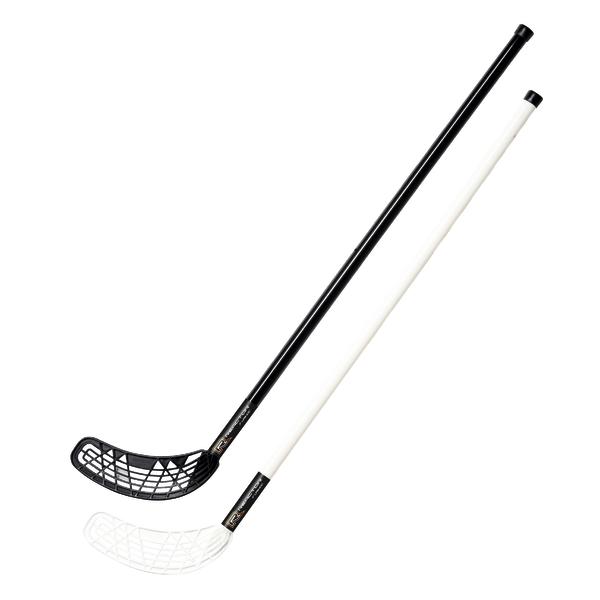 Zwei Floorball-Schläger in Schwarz und Weiß mit gelochtem Blatt auf weißem Hintergrund.