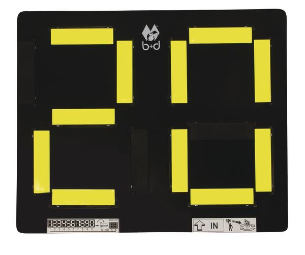 Schwarzes digitales Anzeigefeld mit gelben Segmenten für Ziffern und Zählern.