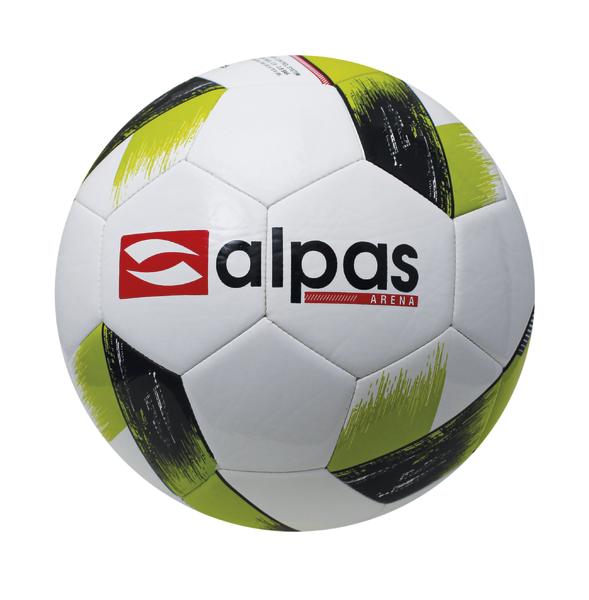 Fußball mit grün-schwarzen Akzenten und alpas Arena Logo auf weißem Hintergrund.