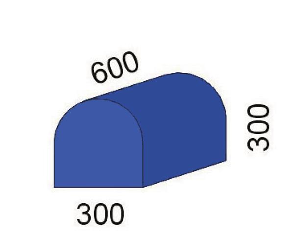 Halbrund geformter blauer Quader mit den Maßen 600x300x300 mm.