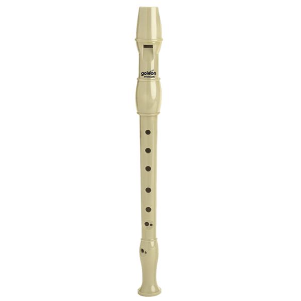 Beige Sopranblockflöte aus Kunststoff mit sechs Grifflöchern und Daumenloch.