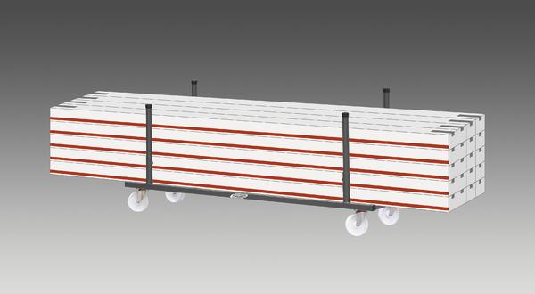 Transportwagen mit gestapelten weißen Bauplatten und roten Streifen auf grauem Hintergrund