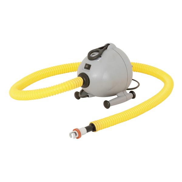 Elektrische Luftpumpe mit gelbem Schlauch für aufblasbare Gegenstände, kompakt und tragbar.