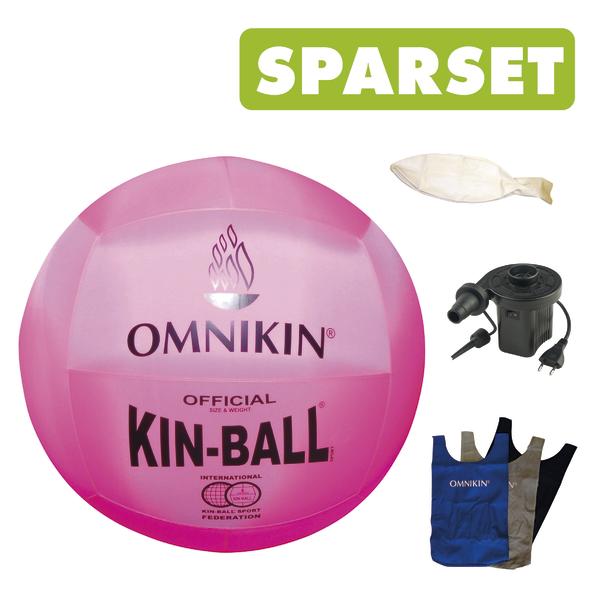 Kin-Ball Spielset mit pinkem Ball, Pumpe, Ballon und drei Spielwesten in Blau, Grau und Schwarz.