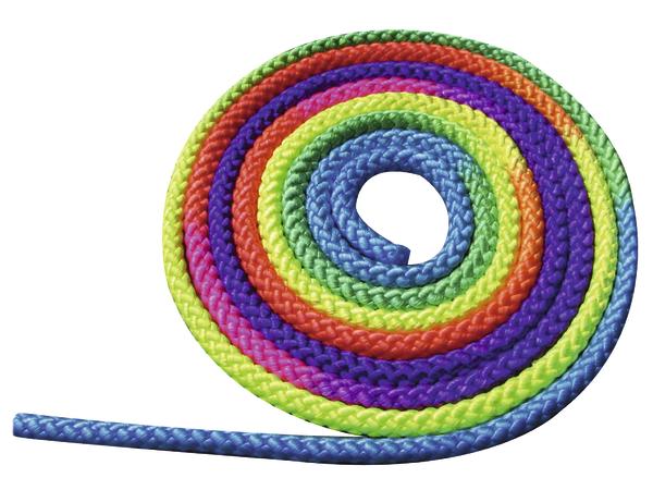 Buntes, spiralförmig aufgewickeltes Seil aus geflochtenem Kunststoff auf weißem Hintergrund.