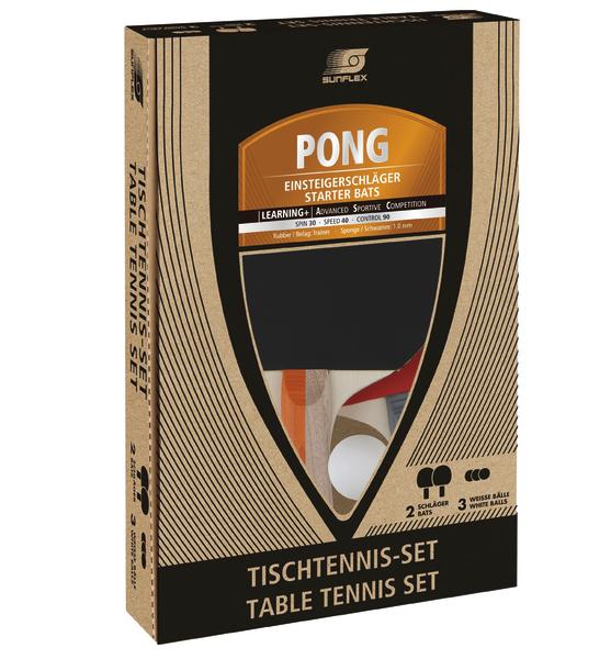 Tischtennis-Set mit 2 Schlägern und 3 weißen Bällen von Sunflex, Einsteigermodell Pong.