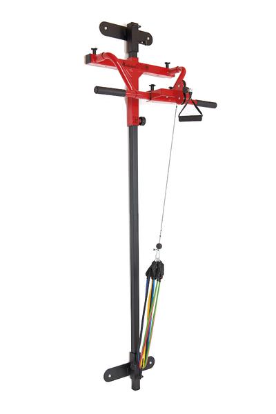 Rotes und schwarzes Wand-Multifunktions-Trainingsgerät mit Widerstandsbändern für Fitnessübungen.