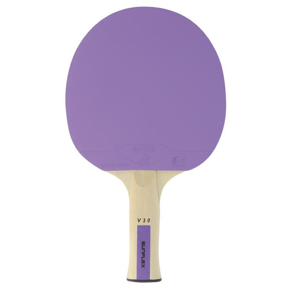 Tischtennisschläger mit violettem Belag und hellem Holzgriff mit Sunflex-Logo.