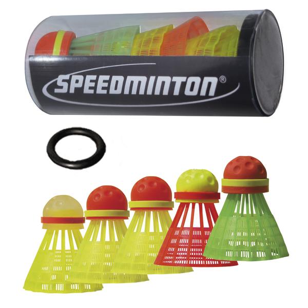 Speedminton Federbälle in verschiedenen Farben mit Transportbehälter und O-Ring.