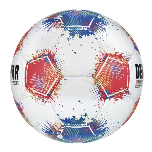 Weißer Fußball mit pinken und blauen Farbverläufen und gesprenkeltem Design vor weißem Hintergrund.