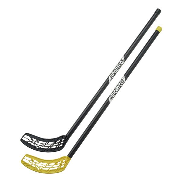 Zwei schwarze Floorball-Schläger mit gelber und schwarzer Kelle, Marke Sportco.