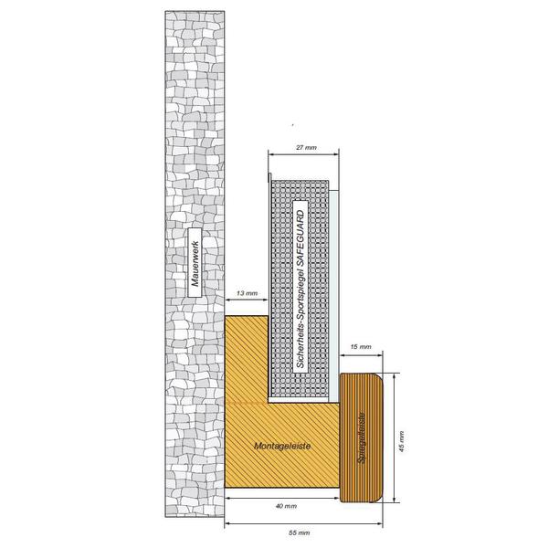 Querschnitt Zeichnung einer Montageleiste mit Sicherheits-Sportsiegel und Mauerwerk, Maße in mm.