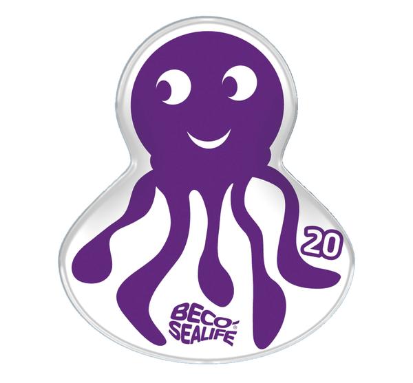 Lila Cartoon-Oktopus mit lächelndem Gesicht und "Beco Sealife" Schriftzug auf weißem Hintergrund.