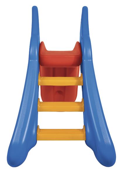 Kinderrutsche aus Kunststoff in Blau, Rot und Gelb, mit drei Stufen und seitlichen Griffen.