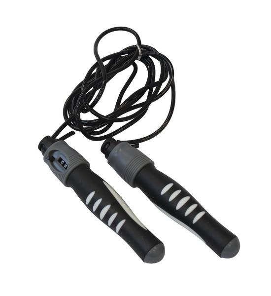 Springseil mit Zählwerk und ergonomischen Griffen, schwarz-grau, Fitnessgerät.