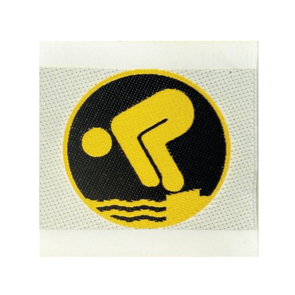 Symbol eines springenden Schwimmers über ein Startblock im Wasser, gelb und schwarz.