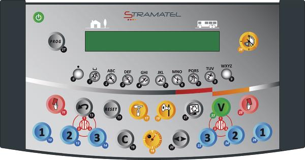 Bedienfeld einer Stramatel Anzeigetafel mit Tasten für Spielsteuerung und Punktezählung.