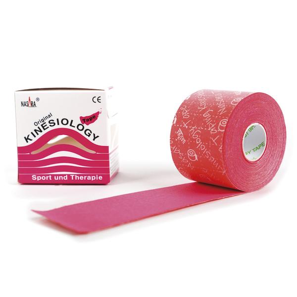 Kinesiologie Tape in Rot mit Verpackung für Sport und Therapie, Rolle teilweise abgewickelt.