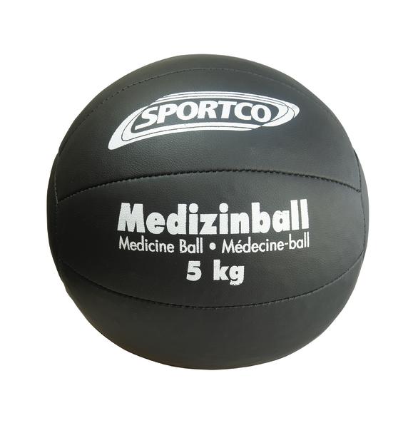 Schwarzer Medizinball 5 kg von Sportco für Fitness und Krafttraining.