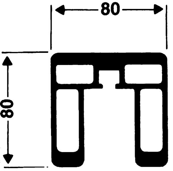 Technische Zeichnung eines quadratischen Bauteils mit 80x80 mm Abmessungen.