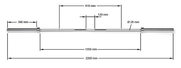 Langhantelstange mit Maßen: 2200 mm Länge, 28 mm Durchmesser, Griffbereich 810 mm.