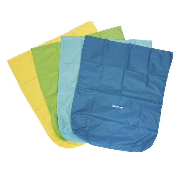 Vier farbige Hüpfsäcke in Gelb, Grün, Türkis und Blau.