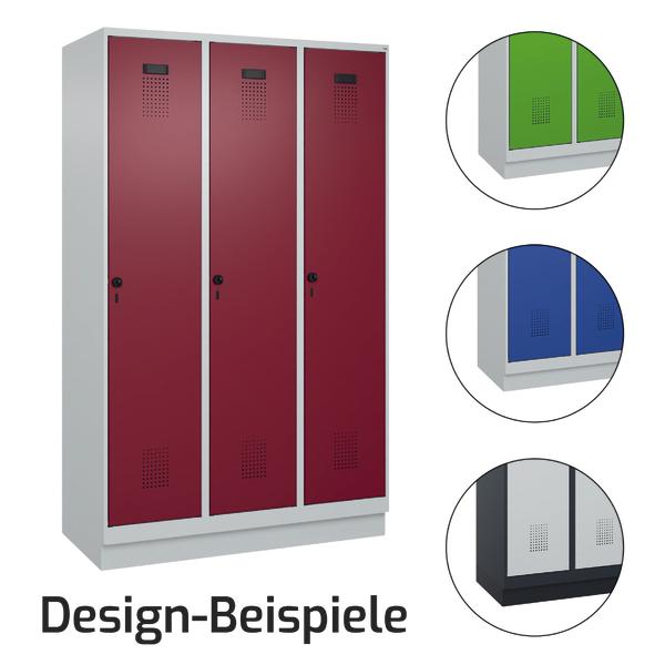 C+P Evolo Plus Umkleidespind mit rubinroten Lochblechtüren, lichtgrauem Korpus und Designvarianten in verschiedenen Farben.