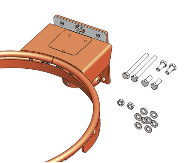 Basketballkorb mit Befestigungsplatte sowie beiliegenden Schrauben, Muttern und Unterlegscheiben vor weißem Hintergrund.