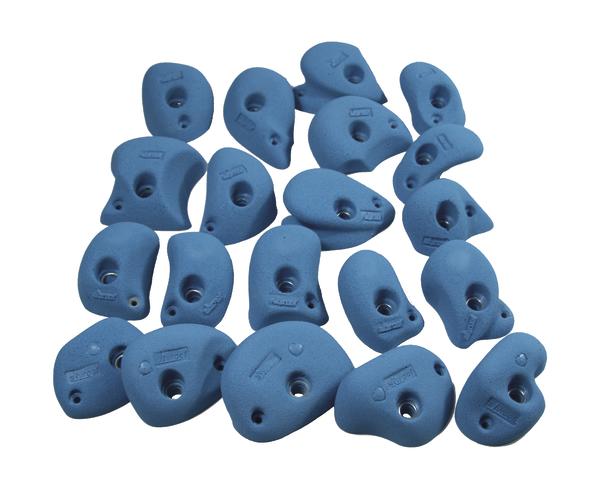 Blaues Klettergriff-Set aus Kunststoff für Indoor-Kletterwände, ergonomisch geformt.
