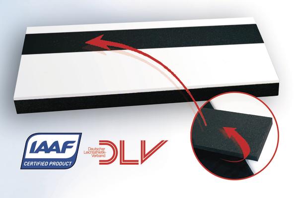 IAAF-zertifizierte schwarze und weiße Startlinie für Leichtathletik mit DLV-Logo.