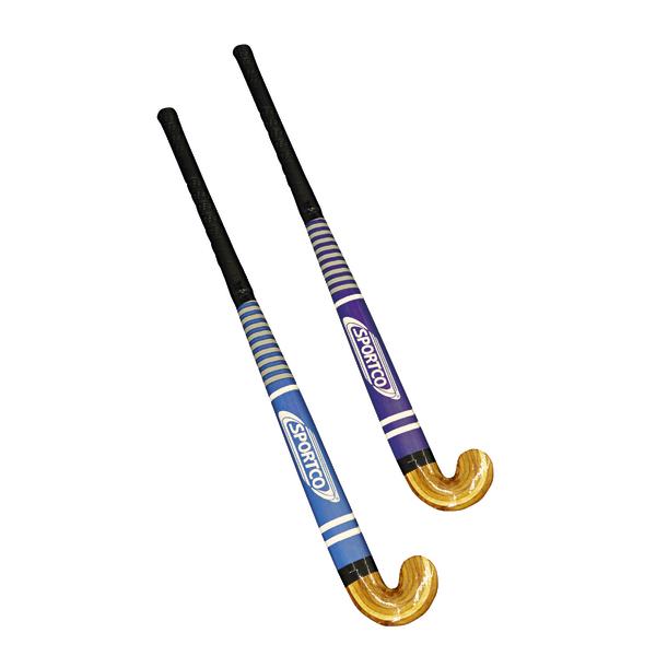 Zwei gebogene Hockeyschläger in Blau und Lila mit schwarzem Griff und Holzschlägerkopf.