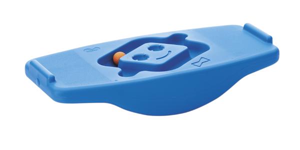 Blaues Balancierbrett aus Kunststoff mit integriertem Kugelspiel für Gleichgewichtstraining.