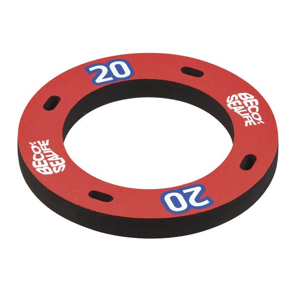 Rotes Gewichtsscheiben-Ring mit der Aufschrift "20" und "Beco Sealive" für Fitnessgeräte.