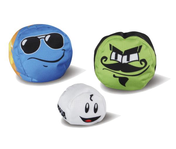 Blauer Ball mit Sonnenbrille und lächelndem Gesicht. Grüner Ball mit Schnurrbart und finsterem Gesichtsausdruck. Weißer Ball mit fröhlichem Gesicht und offenem Mund