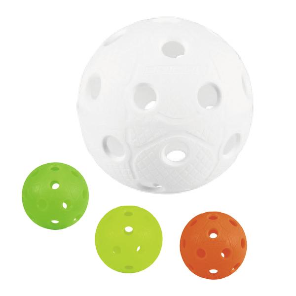 Leichte Kunststoffbälle mit Löchern in verschiedenen Farben, geeignet für Floorball/Unihockey oder ähnliche Spiele.